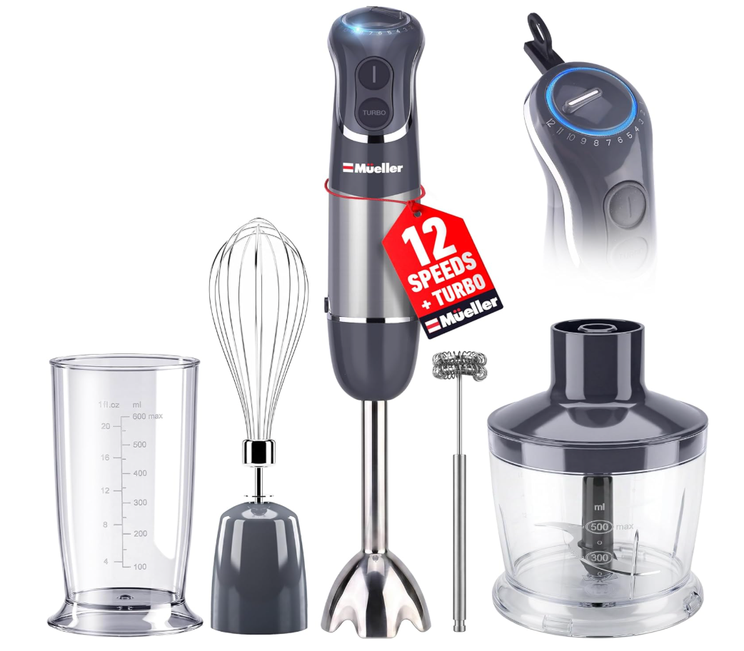 Mueller Multistick 5-in-1 Immersion Blender Handheld,12 Speed Hand Mixer-Turbo Boost,Heaviest Duty Copper Motor,Titanium reinforced Blades Hand Blender,Milk Frother Wand,Whisk,Beaker,Chopper,Grey