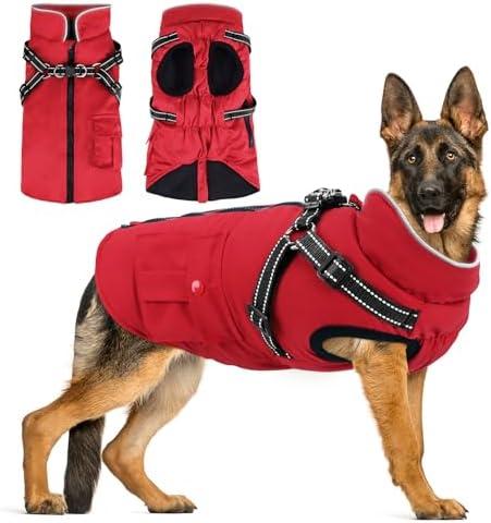 Dog Winter Coat with Harness Built-in | Waterproof Dog Jacket with Zipper & Fleece Lining | Reflective Cold Weather Coat for Large Dogs