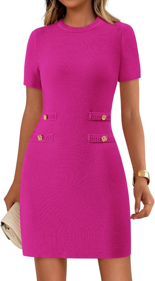 PRETTYGARDEN Work Dresses for Women 2025 Summer Business Casual Short Sleeve Formal Sweater Sheath Dress (Pink, S)