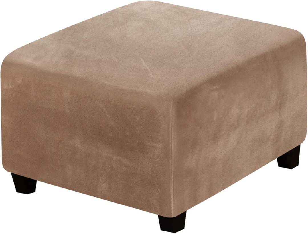 H.VERSAILTEX Square Ottoman Covers Ottoman Slipcover Square Footstool Protector Covers Storage Stool Ottoman Covers Stretch with Elastic Bottom, Feature Real Velvet Plush Fabric, Camel (Medium)