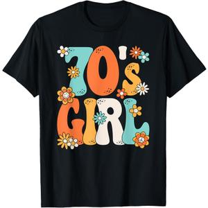 Groovy 70s Girl Hippie Theme Party Outfit 70s Costume Women T-Shirt (XL, Black)