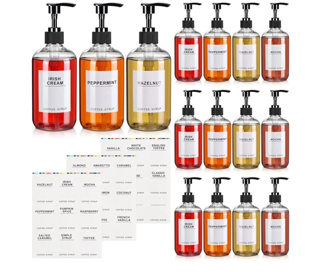 Mumufy Set of 7 Coffee Syrup Dispenser PET Syrup Pump Bottle Black Plastic Container with 27 Labels for Kitchen Restaurant Home Bar Accessories Organization(11.8 oz)