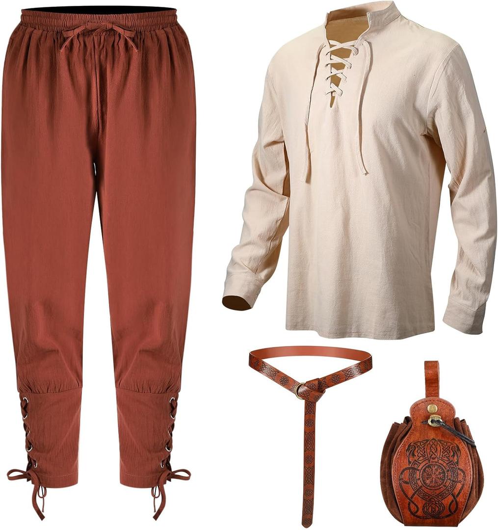 Xtinmee 4 Pcs Halloween Men Renaissance Costume Set Medieval Pirate Viking Costume Shirt Pant Belt Bag (Large, Beige, Brown, Coffee)