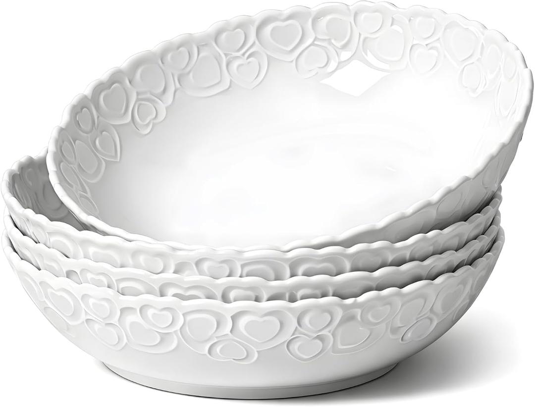HOMBENE Heartbeat Pasta Bowls Set of 4, 40oz, Porcelain Wide and Shallow, Soup, Pasta, Noodle, Dinner, Large Salad Bowls Soup Bowl for Kitchen, Microwave & Dishwasher Safe (White)