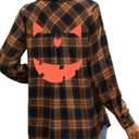 Halloween Shirt Women Pumpkin Face Shirt Funny Button Down Flannel Plaid Long Sleeve Tops Fall Clothes Outfits (Large, Brown)