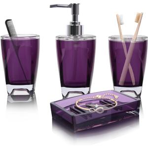 Bathroom Accessories Set Complete, 4 Piece Premium Acrylic Bathroom Accessory Set,Hand Sanitizer Bottle Lotion Can Bathroom Suit Separate Bottle Soap Box Mouthwash Cup Toothbrush Cup (Model 2-Purple)
