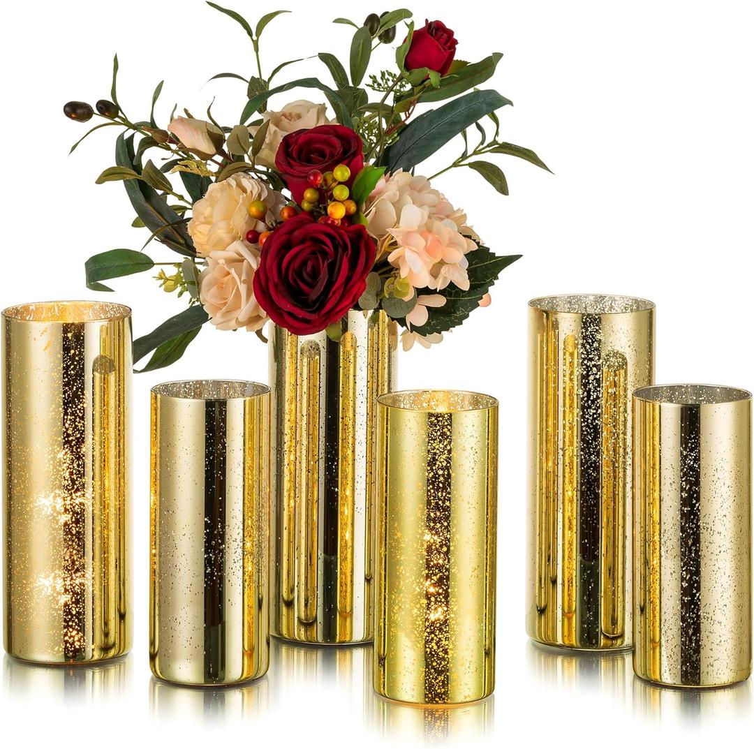 Glasseam Gold Cylinder Vases for Centerpieces: 6 Modern Mercury Hurricane Glass Vase Set for Flowers - Decorative Golden Pillar Candle Holders for Wedding Party Dining Room Table Decor