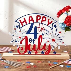 Roowest Happy 4th of July Metal Sign Rustic Patriotic Table Sign Americana Table Decor Red White and Blue 250th Anniversary Decor Tiered Tray with Wooden Base for Independence Day Tabletop Mantel