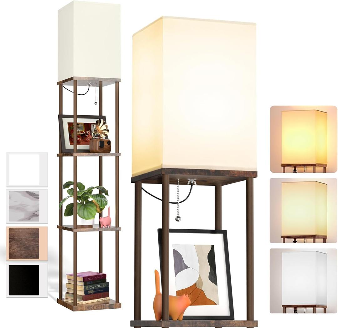 addlon Floor Lamp with Shelves, 4-Tier Modern Shelf Floor Lamp with 3CCT LED Bulb, Display Lamp for Living Room, Bedroom and Office - Brown (Vintage)