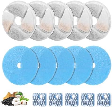 5 Set Cat Water Fountain Filter Replacement for Square 2.2L/73oz Stainless Steel Cat Fountain, ZEKIRY Pet Fountain Filter, Triple Filtration Replacement Filters(5 Filter, 5 Sponge, 5 8D Sponge)