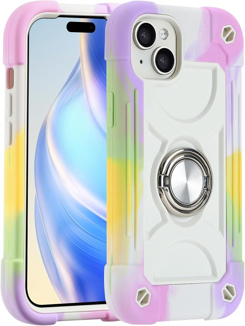 MARKILL Compatible with iPhone 15 Plus Case 6.7 Inch with Rotate Ring Stand, Military Grade Drop Protection Full Body Rugged Heavy Duty Protective Cover for iPhone 15 Plus. (Rainbow White)