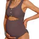 Charmo Maternity One Piece Swimsuit Scalloped Cut Out Ruched High Waisted Scoop Neck Pregnancy Bathing Suit.XL