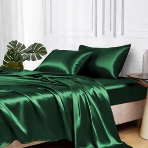 MR&HM Satin Bed Sheets, Twin XL Size Sheets Set, 3 Pcs Silky Bedding Set with 15 Inches Deep Pocket for Mattress (Twin XL, Dark Green)