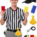 SOMSOC 6Pcs Referee Costume Set, V-Neck Referee Shirt Cards Hat Penalty Flag Whistle Sandbag for Football Soccer (Large, Black and White)