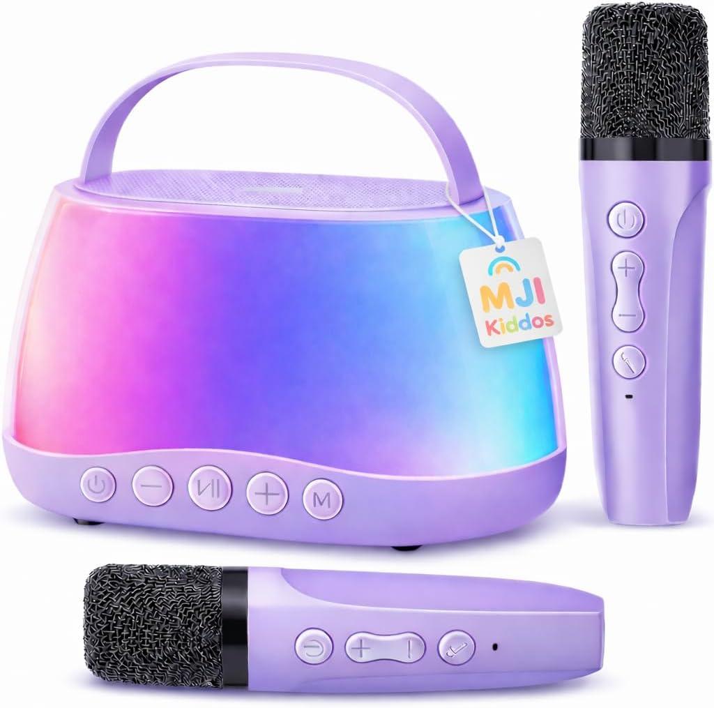 Kids Karaoke Machine with 2 Wireless Microphones, Bluetooth Speaker with Voice Changer & LED Lights, Portable Singing Toy Gift for Boys & Girls Ages 312 (purple)