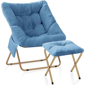 Comfy Saucer Chair for Adults, Foldable Living Room Chairs, Soft Faux Fur Lounge Chair for Bedroom, Reading Chairs, X-Large (Ottoman-Blue)
