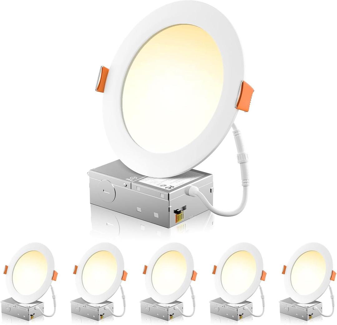 FREELICHT 6 Pack 6 Inch 5CCT Ultra-Thin LED Recessed Ceiling Light with Junction Box, 2700K/3000K/3500K/4000K/5000K Selectable, 1050LM Brightness, Dimmable Canless Wafer Downlight, 12WEqv110W, ETL&FCC