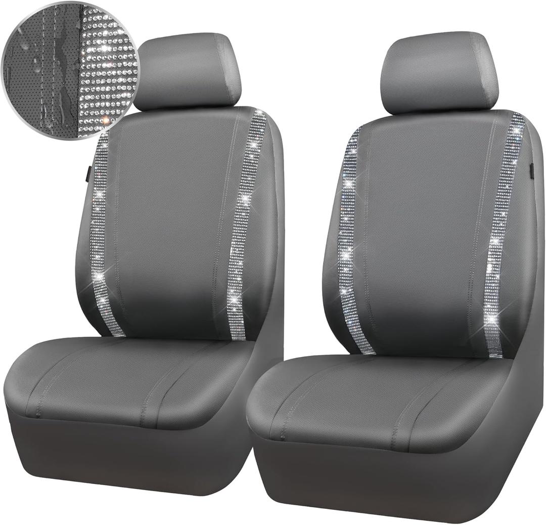 CAR PASS Gray Leather Diamond Bling Car Seat Covers 2 Front Interior Sets, Waterproof Universal Shining Glitter Crystal Sparkle Fit for 95% Automotive Truck SUV Cute Women Girl, Gray Rhinestone