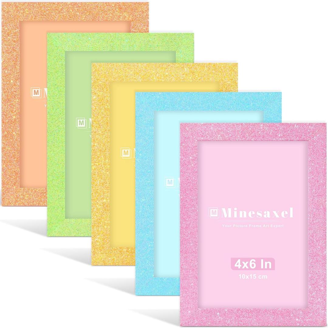 4x6 Colorful Picture Frame Set of 5, Wall Gallery 4 x 6 Glitter Photo Frames, Sparkle Cute Fun Artwork Frame for Wall or Tabletop