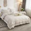 Beige Ruffled Duvet Cover Set Queen Size Vintage Ruffle Fringe Comforter Cover with 1 Row of Handmade White Ruffle,Farmhouse Rustic Microfiber Bedding,Zipper Closure,3 Pieces(No Comforter)