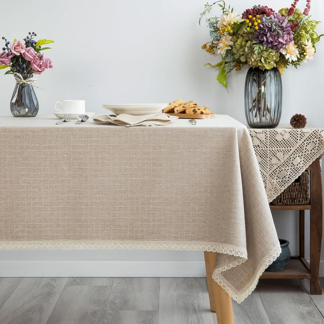 Lace Trim Tablecloth Linen-Look Textured Rustic Burlap Stlye Machine Washable Solid Heavy Weight Rectangle/Oblong Table Cloth Cover for Kitchen Dinning Tabletop Decoration 55x86 in Beige