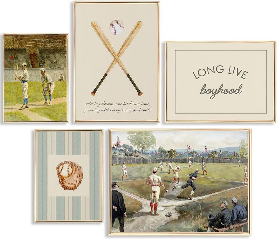 5pcs Vintage Baseball Nursery Wall Art Inspirational Quotes Boys Room Posters Artwork Baseball Field Stadium Painting Pictures Wall Decor for Office Teen Room Home Decoration 12x16in Unframed (16L"x12W")