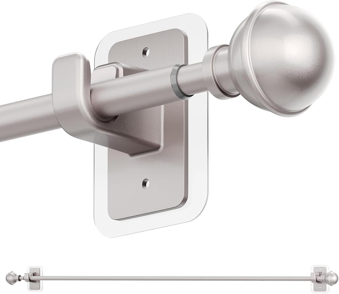 ENJOYBASICS No Drill Curtain Rods for Window 48 to 84 Inches, 5/8 Inch Diameter Renter Friendly Drapery Rod with Adhesive Brackets without Drilling, Adjustable from 27 to 90 Inches, Nickel