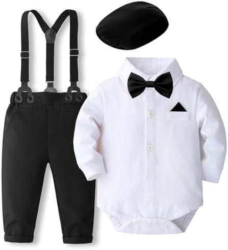 SALNIER Baby Boy Dress Suit Clothes Sets Infant Tuxedo Gentleman Suits Outfits Bowtie Shirt Suspenders Pants Beret Hat (Size: 6-12Months)