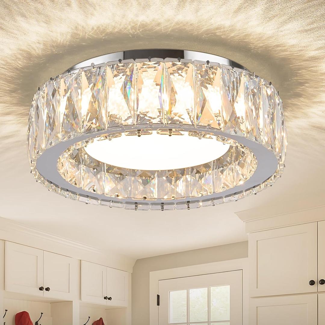 Suenigle Dimmable Modern Luxury Crystal LED Flush Mount Ceiling Light,11 Inch 24W/5CCT 3000K-6000K Chrome Small Close to Ceiling Lighting Fixtures for Kitchen,Entryway,Laundry Room,Porch,Hallway