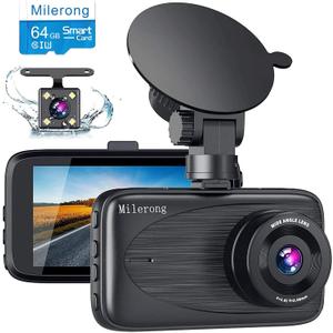 Milerong Dash Cam with 64GB Card, Dash Cam Front and Rear with Night Vision, Mini 1080P FHD Dash Camera for Cars, G-Sensor, Loop Recording, Parking Monitor, Motion Detection,WDR