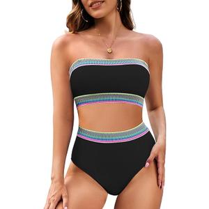 Pink Queen Tube Top Bikini Sets for Women Removable Strap Pad Color Block Two Piece Swimming Suit Swimwear, Size L