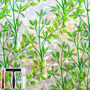4 x Window Privacy Film with Cutting Grid, Non-Adhesive Stained Glass Window Film Decorative, Static Cling Privacy Window Film (Leaf Rainbow,17.5 X 78.7 inch)