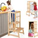 3 Height Adjustable Kids Step Stool, A-Shaped Structure Kids Standing Tower, Wooden Toddler Tower, Kids Standing Tower Aged 18-36 Months,with Safe Fences Suit in Kitchen/Bathroom, Natural