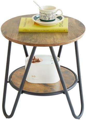 Leesingdo 2 Tier Round Side Table, Rustic Brown End Table with Metal Frame for Small Spaces, Accent Coffee Table, Sofa Table, Nightstand Table for Living Room, Bedroom