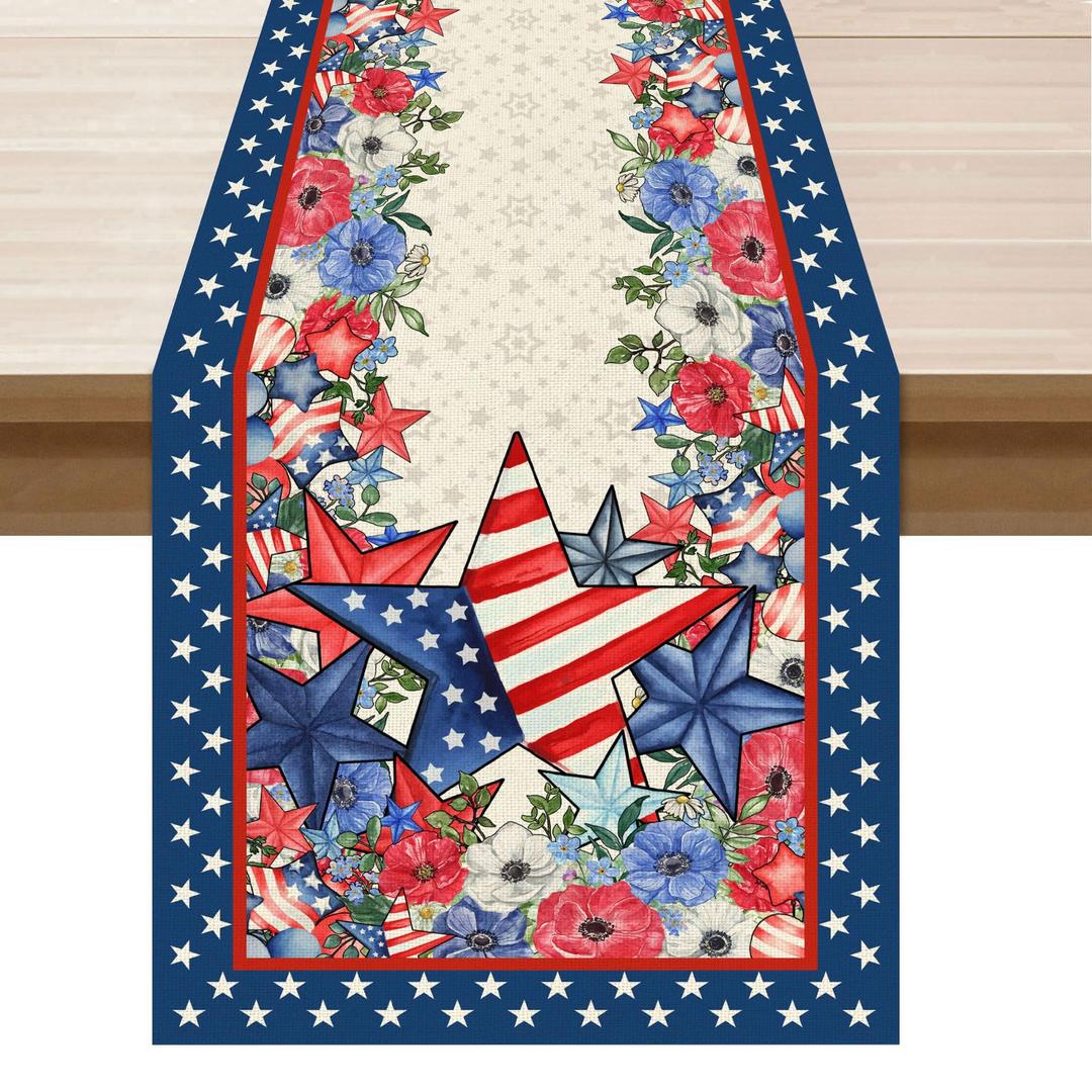 XCHI America Stars Flowers Memorial Day Table Runner 4th of July Patriotic Independence Day Table Decoration for Party Home Kitchen Dining Holiday Decor 13x108 Inch