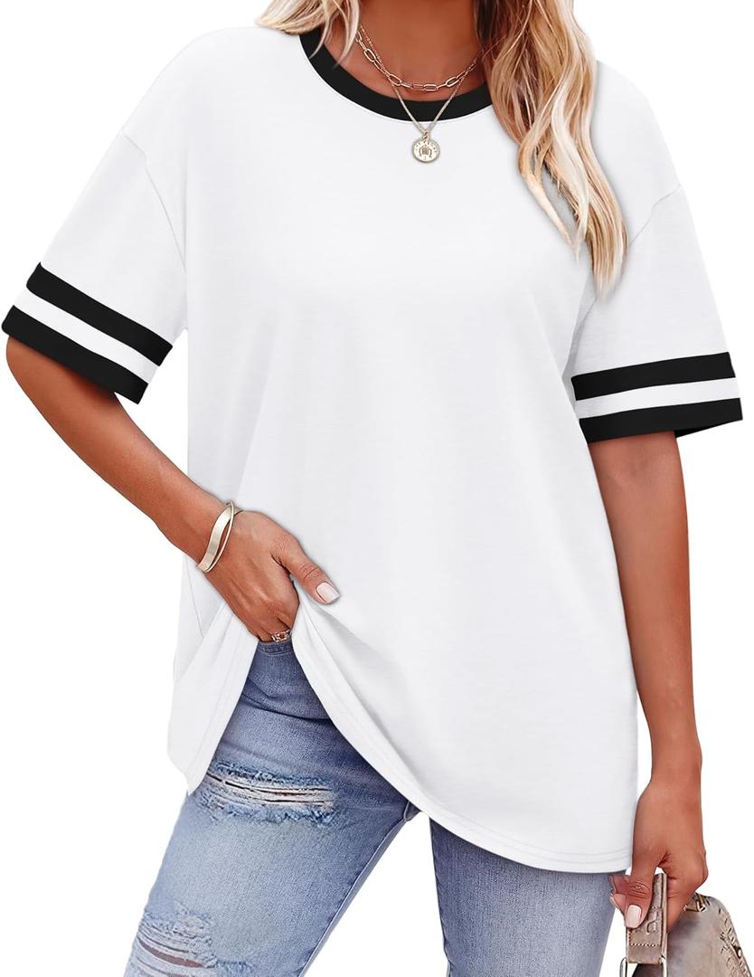 WIHOLL Womens T Shirts Loose Fit Short Sleeve Tees Crew Neck Color Block Summer Tops 2026 Fashion (Medium)