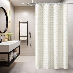 Small Stall Ivory Boho Shower Curtain Woven Fabric Cute Cream Shower Curtain, 36 x 72 Tufted Pleat Floral Textured Modern Farmhouse Minimalist Shower Curtain Set with Hooks for Bathroom