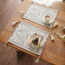 Embroidered Placemat Boho Farmhouse Place Mats Macrame Rustic Lace Doily with Tassel for Kitchen Indoor Outdoor Fireplace (Gray, 14 x 18 Inches 2PCs)