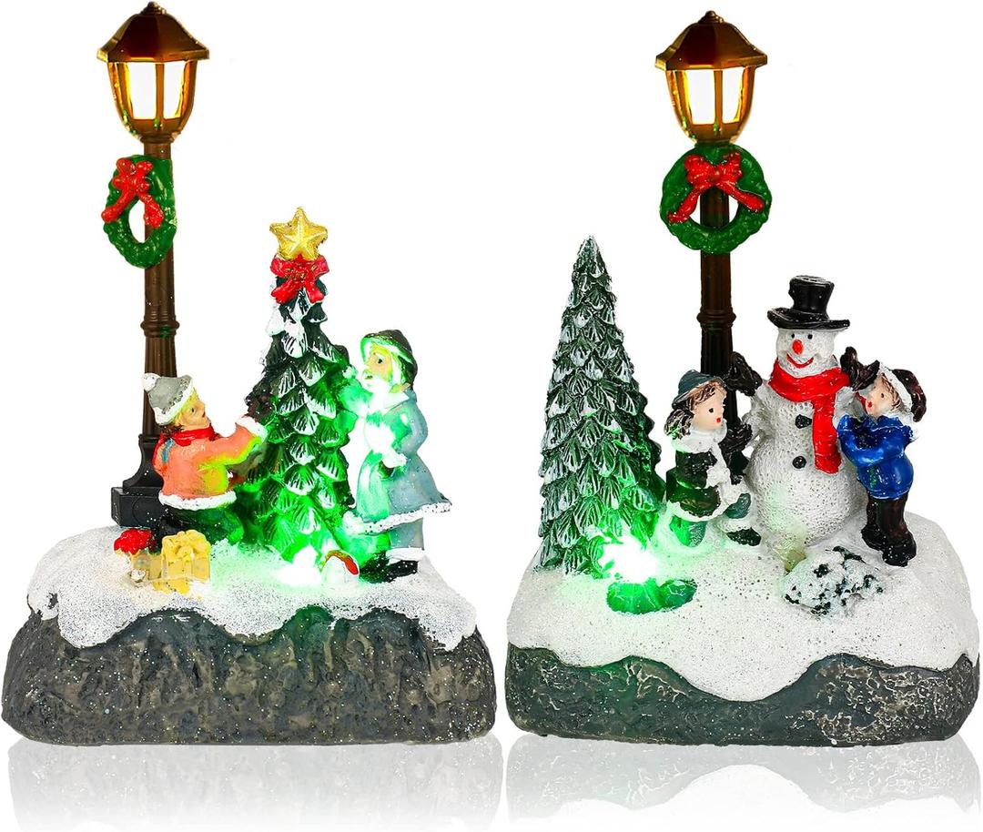 Karenhi Christmas Village Sets, 2 Pcs Snowman Tree Santa Christmas Village Scene with Figurines LED Light Xmas Accessories Tabletop Decorative Xmas Ornaments for Table Decor(Rustic Style)