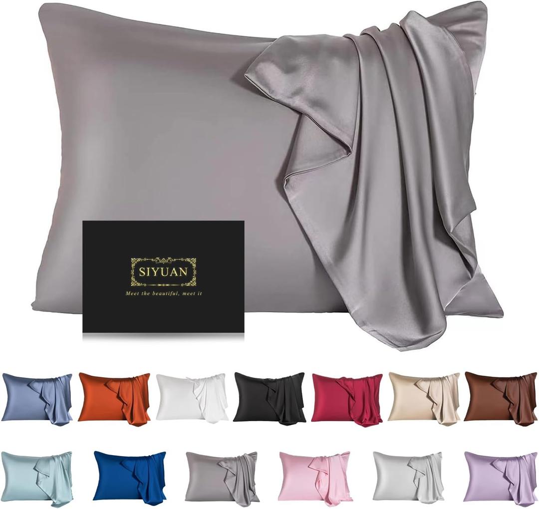 Mulberry Silk Pillowcase for Hair and Skin, Standard Size Cooling Silk Pillow Case with Hidden Zipper, Allergen Proof Dual Sides Soft Breathable Smooth Silk Pillow Cover for Women (Standard, Dark Gray)