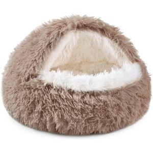 NOYAL Round Hooded Donut Dog Bed for Small & Medium Pets - Plush Fluffy Anti-Anxiety Cat Cave Bed with Cover (Large 27.5'', Brown)