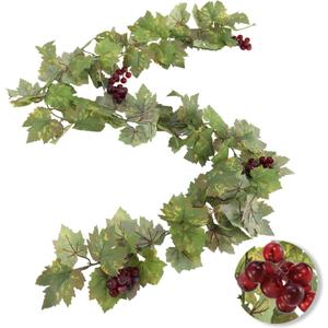 Artificial Grape Vine Leaf Garland Plant with 5 Strings Grapes, 6.5ft Artificial Fake Grape Vines Fake Greenery for Wedding Party Home Indoor Outdoors Decoration