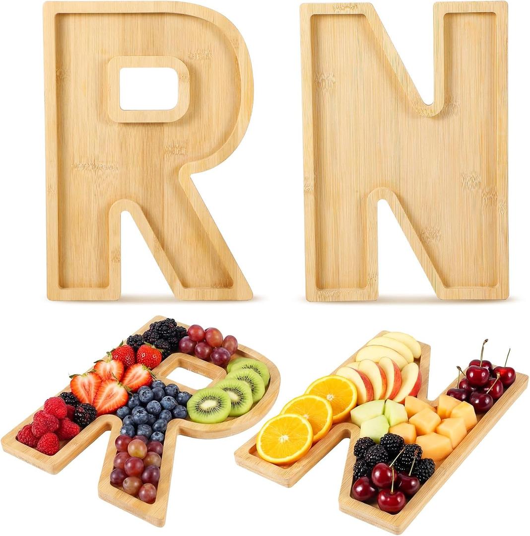 2 Pcs RN Charcuterie Board Letters 11 Inch Nursing Bamboo Food Serving Tray Rn Letters for Class of 2026 Congrats Party Supply Reusable Grad Table Centerpiece Decoration Snack Dish