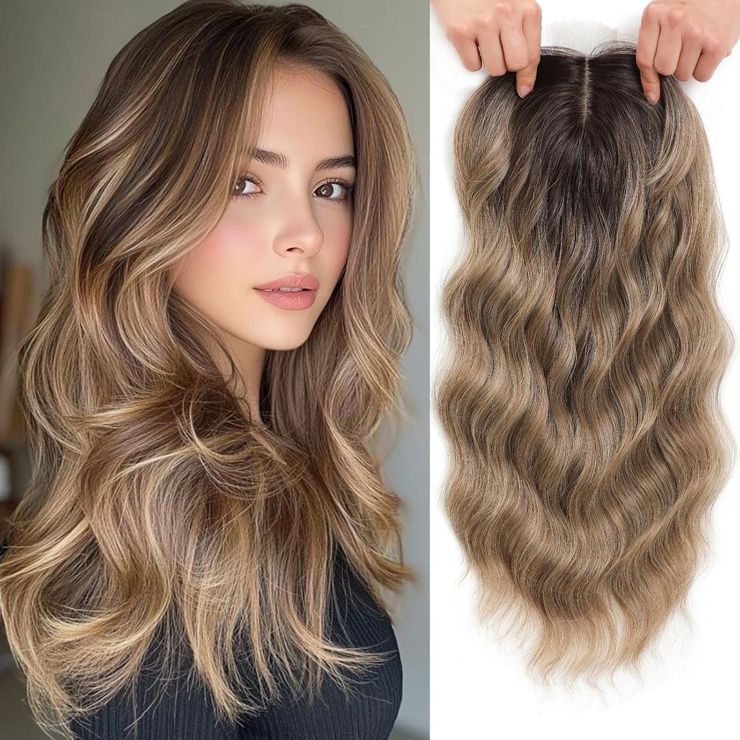 Hair Toppers for Women, 20 Inch Toppers Hair pieces for Women with Thinning Hair Big Base Curly Wavy Wiglets Cover 360 3D Middle Part Clip in Bangs (Highlights Blonde Brown with Dark Root)
