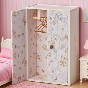 1/12 Dollhouse Wardrobe Closet, Miniature White Flower Pattern Wardrobe with 3Pcs Clothes Hangers, Magnetic Double Doors Dollshouse Closet for Bedroom Livingroom Furniture Accessory