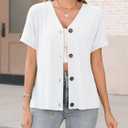 ORANDESIGNE Women's Short Sleeve V Neck Tops Casual Button Down Summer T Shirts Basic Ladies Tees (White, XL)