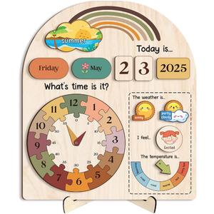 Interactive Calendar for Kids Ages 3+, Wooden Toddler Calendar, Teaching Seasons, Years, Months, Days of Week, Daily Activity Calendars for Kid Preschool & Homeschool (04 - Rainbow)