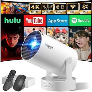 Built-in Apps & 2026 Upgraded] Mini Projector with WiFi 6 and Bluetooth 5.4 Support 4K 1080P Auto Keystone 180° Rotatable Projector Portable Compatibile with HDMI/TV Stick/Memory Stick/Laptop, White