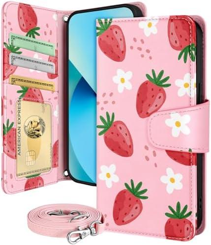 Buleens for iPhone 13 ProMax Wallet Case for Women - with Card Holder for iPhone 13 ProMax Flip Case Leather Crossbody Cute Aesthetic i Phone 13ProMax Case with Strap for Girls, WH Flower Strawberry, Pack 2