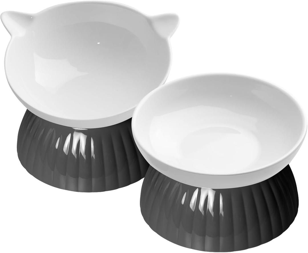 2 Ceramic Raised Cat Food and Water Bowl Set, Elevated Pet Feeder for Indoor Cats and Small Dogs, Anti-Vomiting With Plastic Base, Dishwasher Safe, Black